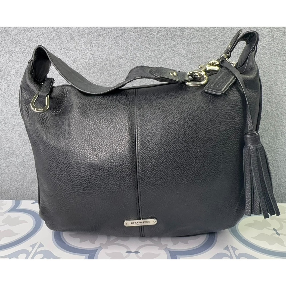 Coach 23960 Avery Pebbled Leather Tassel Hobo Shoulder Bag Tote Black Classic